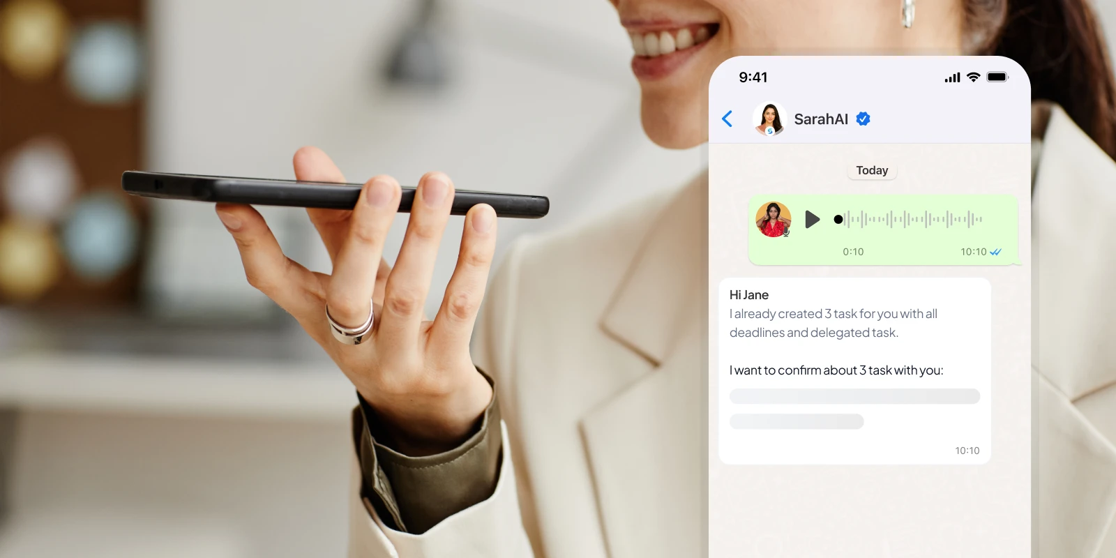 Agency account director creating client follow-up tasks from a WhatsApp voice note with SarahAI