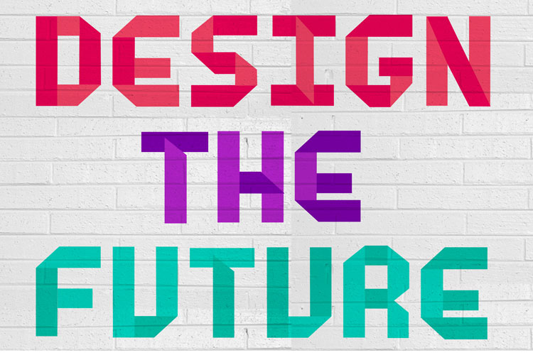 The image shows the words “DESIGN THE FUTURE” displayed on a textured white brick wall. The words “DESIGN” and “FUTURE” are in red and “THE” and “FUTURE” are in teal. The letters are in a pixelated, blocky font.