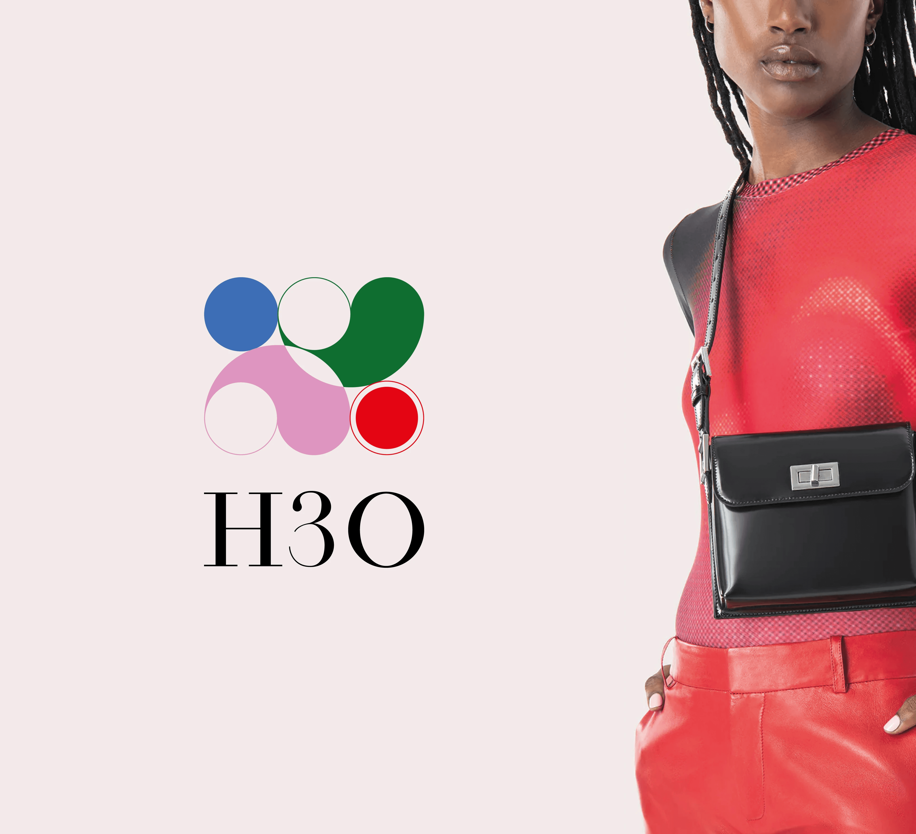 H3O colorful circular logo displayed beside a fashion model, illustrating the high fashion curator identity designed by Josephine Grenier.