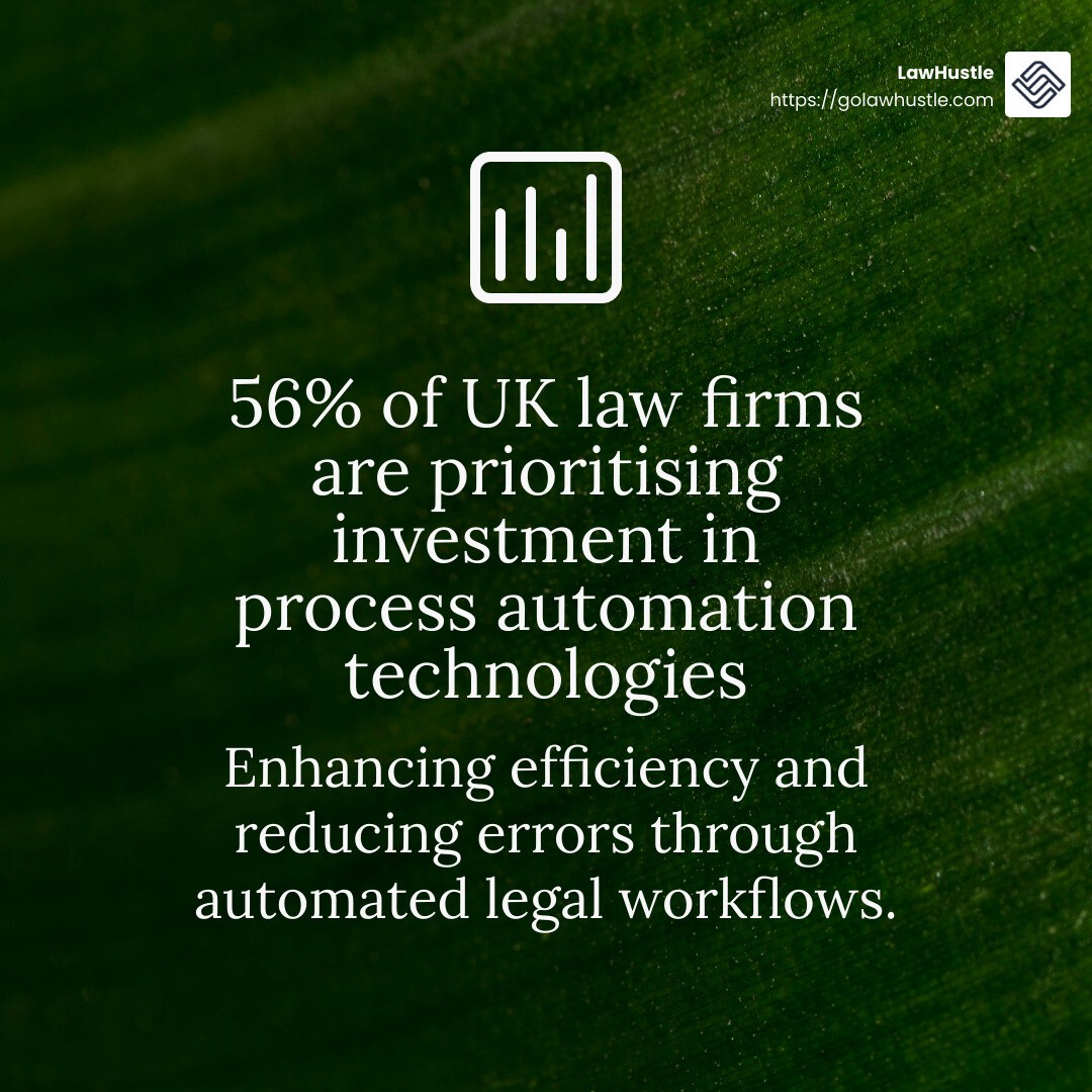 56% of UK law firms are prioritising investment in process automation technologies. - automated legal workflow infographic simple-stat-green