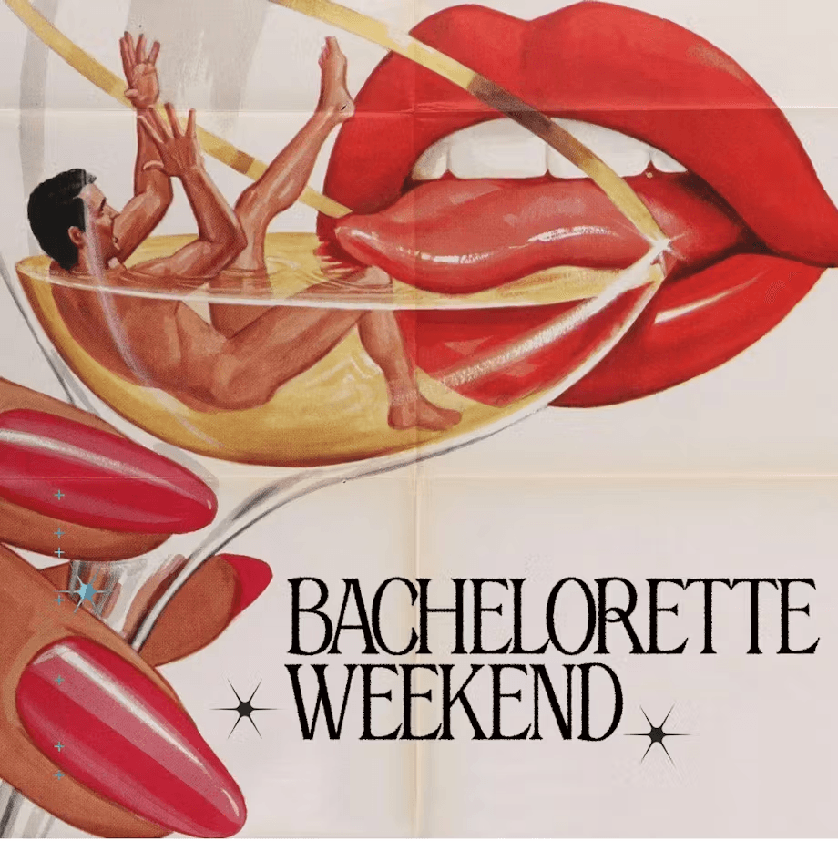 Illustration featuring a person in a hammock, surrounded by red lips, with text reading "Bachelorette Weekend."