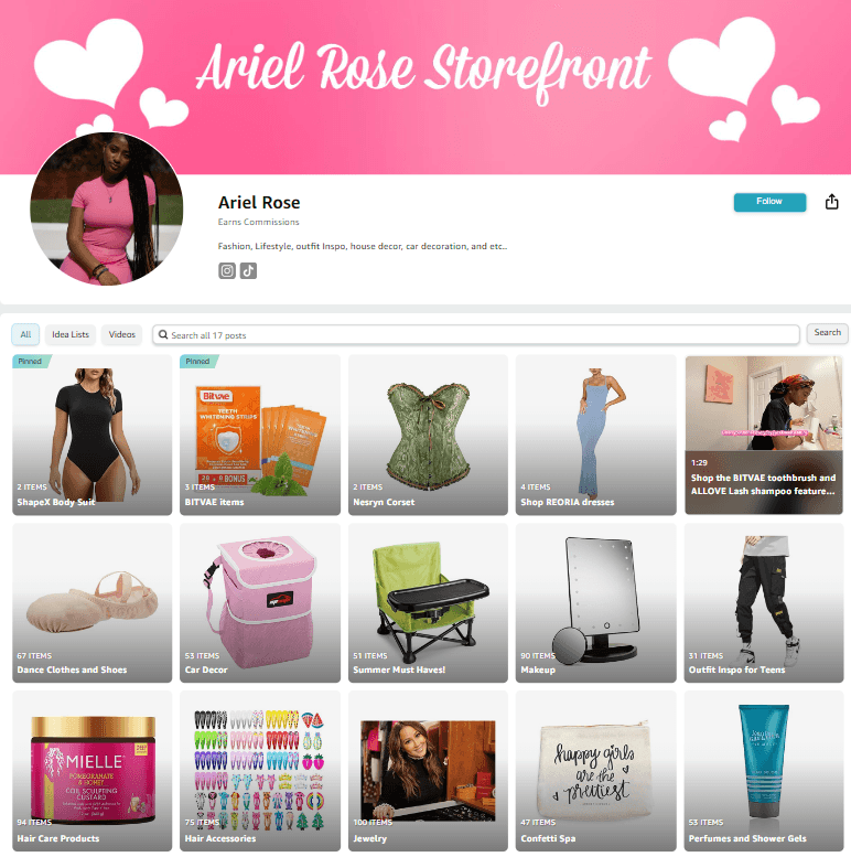 screenshot of influencer Ariel Rose’s amazon storefront