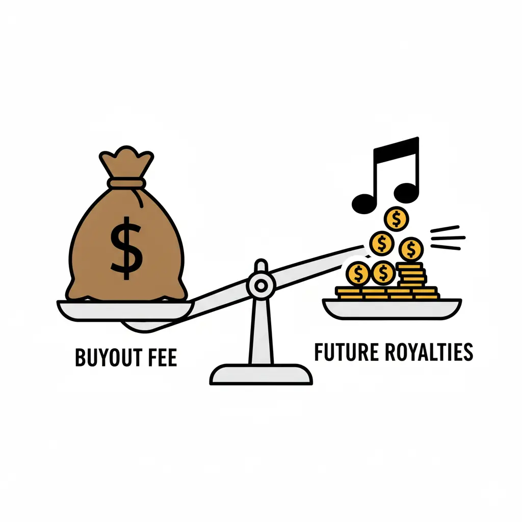 A set of balancing scales. On one side sits a single, large money bag ("Buyout Fee"). On the other side sits a continuous stream of small coins flowing from a musical note ("Future Royalties"), showing they should be of equal weight.