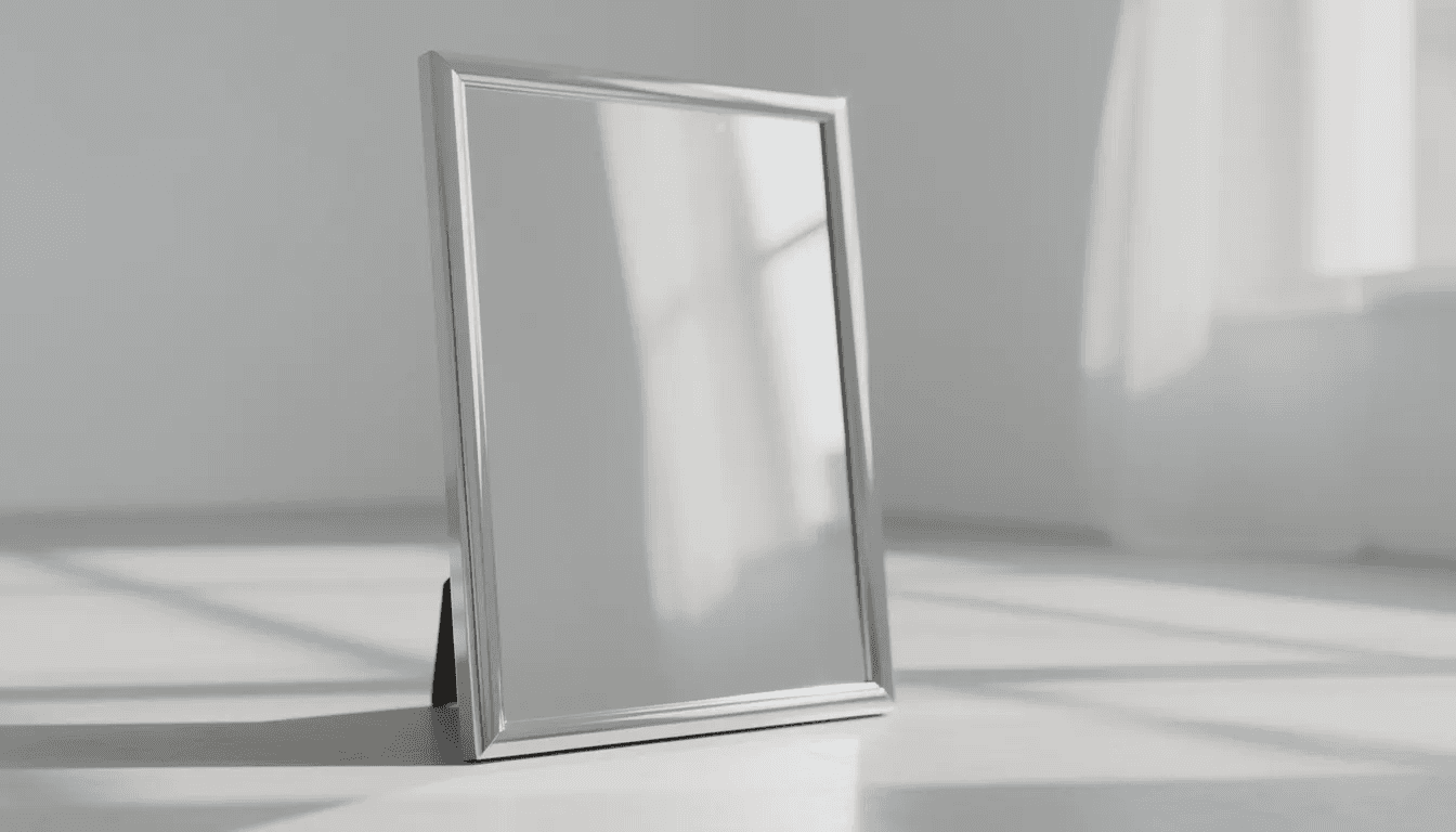A polished silver mirror reflects bright light in a well-lit room, showcasing its fine silver quality and luxurious appearance. The mirror's bright white color highlights the unique properties of silver, a precious metal often compared to gold in terms of value and investment potential.