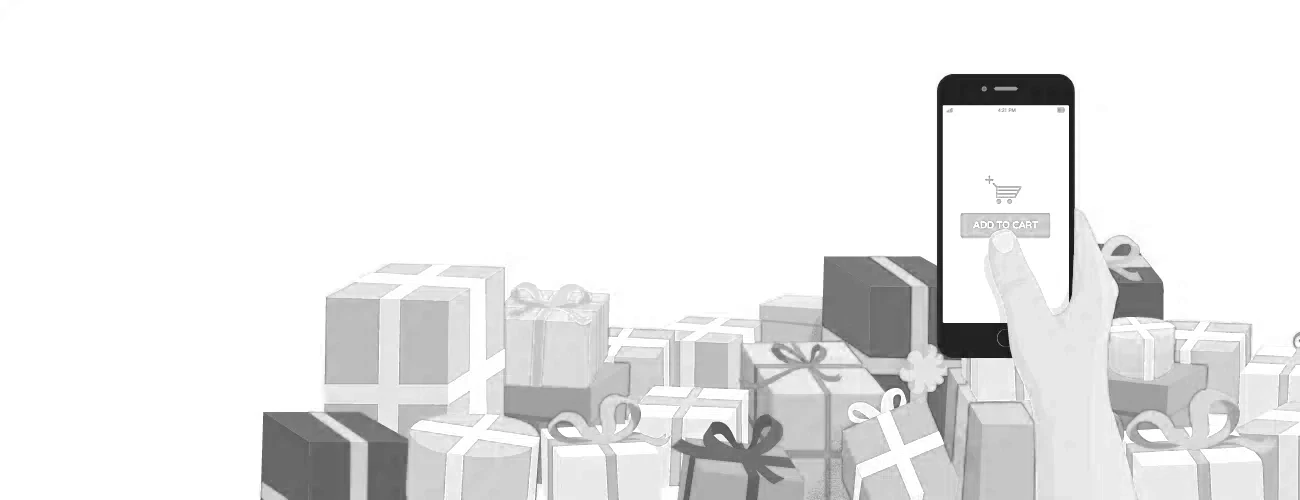 Grayscale illustration of a hand tapping Add to Cart on a smartphone above a pile of wrapped gift boxes.