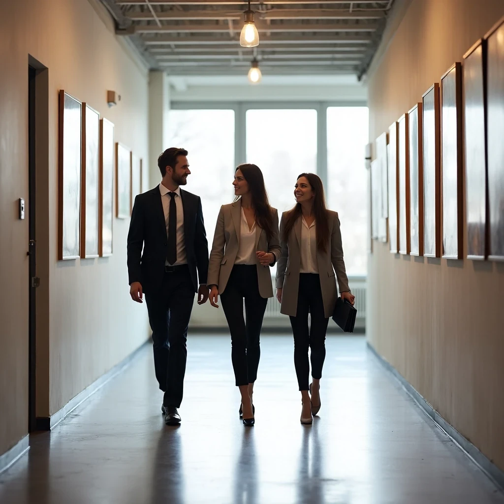Trois collègues marchent ensemble dans un couloir d’un centre de formation.