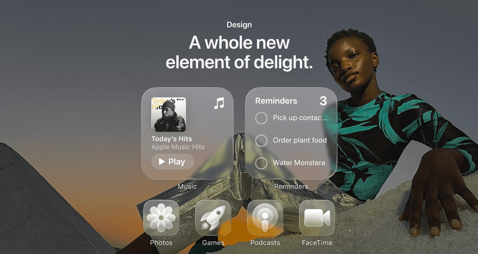Four iPhones displaying Apple’s Liquid Glass design elements across different screens—lock screen, weather widget, notes, and app icons—highlighting translucent layers, depth effects, and dynamic lighting.