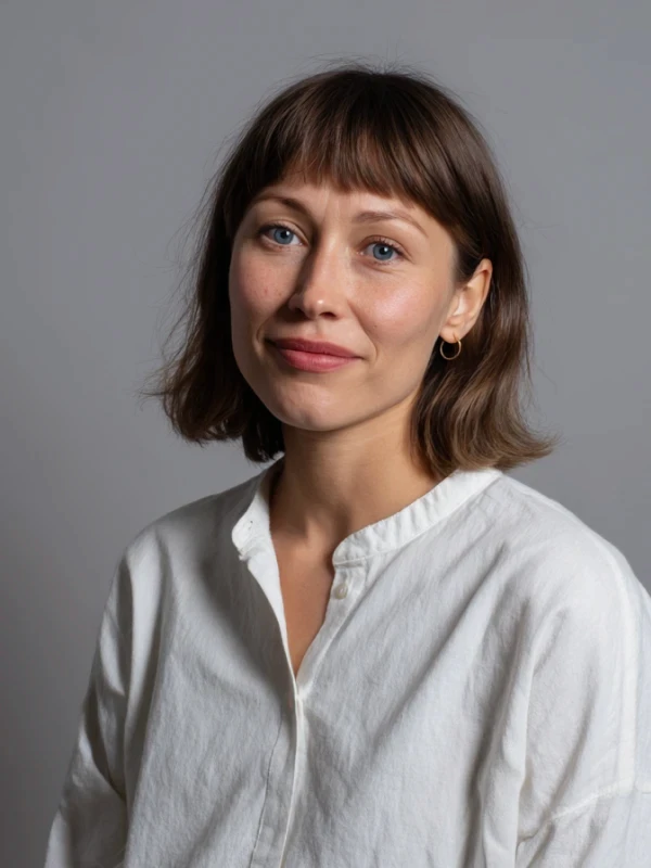 A woman with short brown hair is smiling, wearing a white shirt against a gray background.