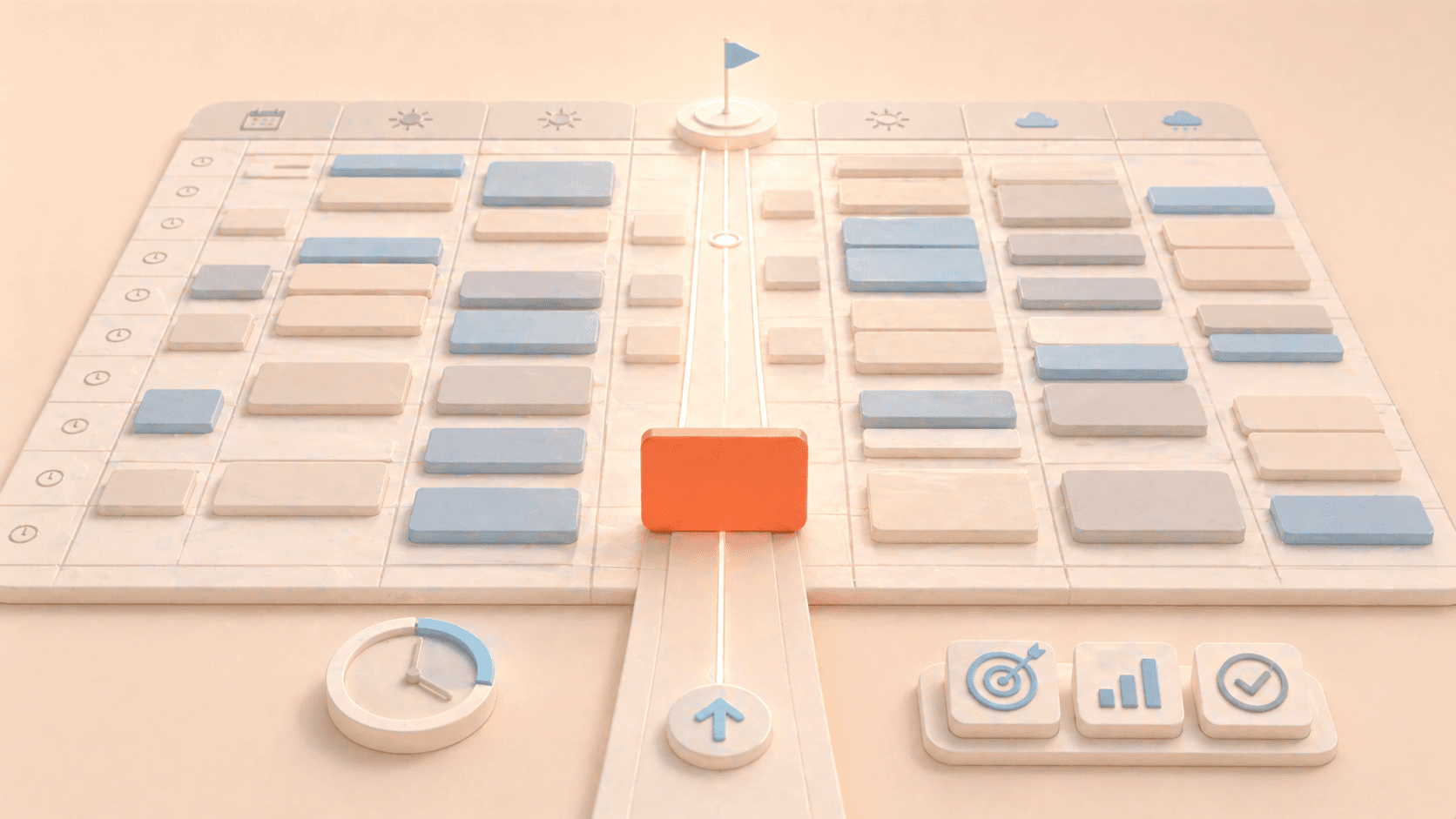 Minimalistische 3D-Illustration einer korallfarbenen Fokuskarte, die entlang eines klaren Prioritätspfads durch ein strukturiertes Kalenderraster mit vielen Zeitblöcken verläuft; die Umgebung wirkt geordnet, aber richtungslos, während dezente Zeit-, Ziel- und Fortschrittssymbole zeigen, dass echte Produktivität erst durch klare Priorisierung innerhalb der Planung entsteht.