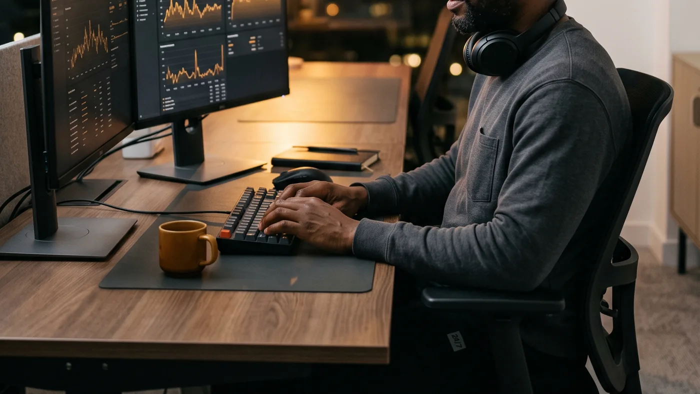 A developer typing at two monitors at night
