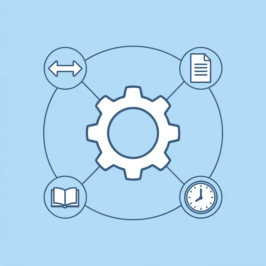 Central document icon surrounded by four separate tool icons (ChatGPT, notes, editor, tracking) connected by lines showing fragmentation