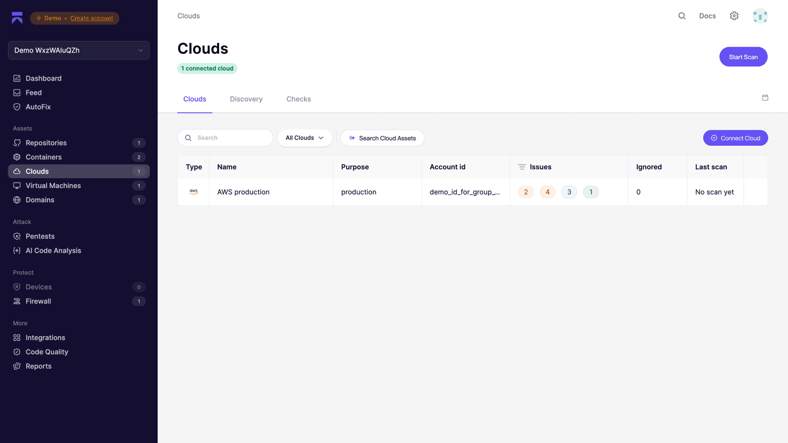 Aikido Security Clouds view showing a connected AWS production account with issue counts by severity