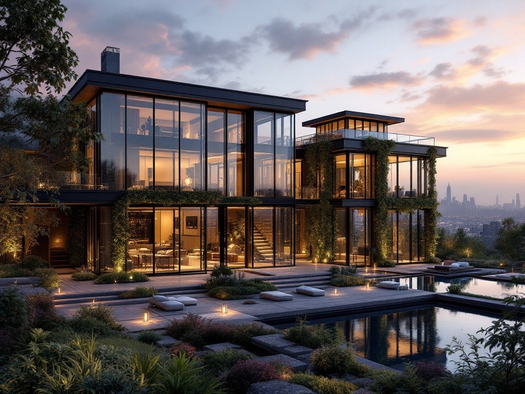 Modern glass house at sunset