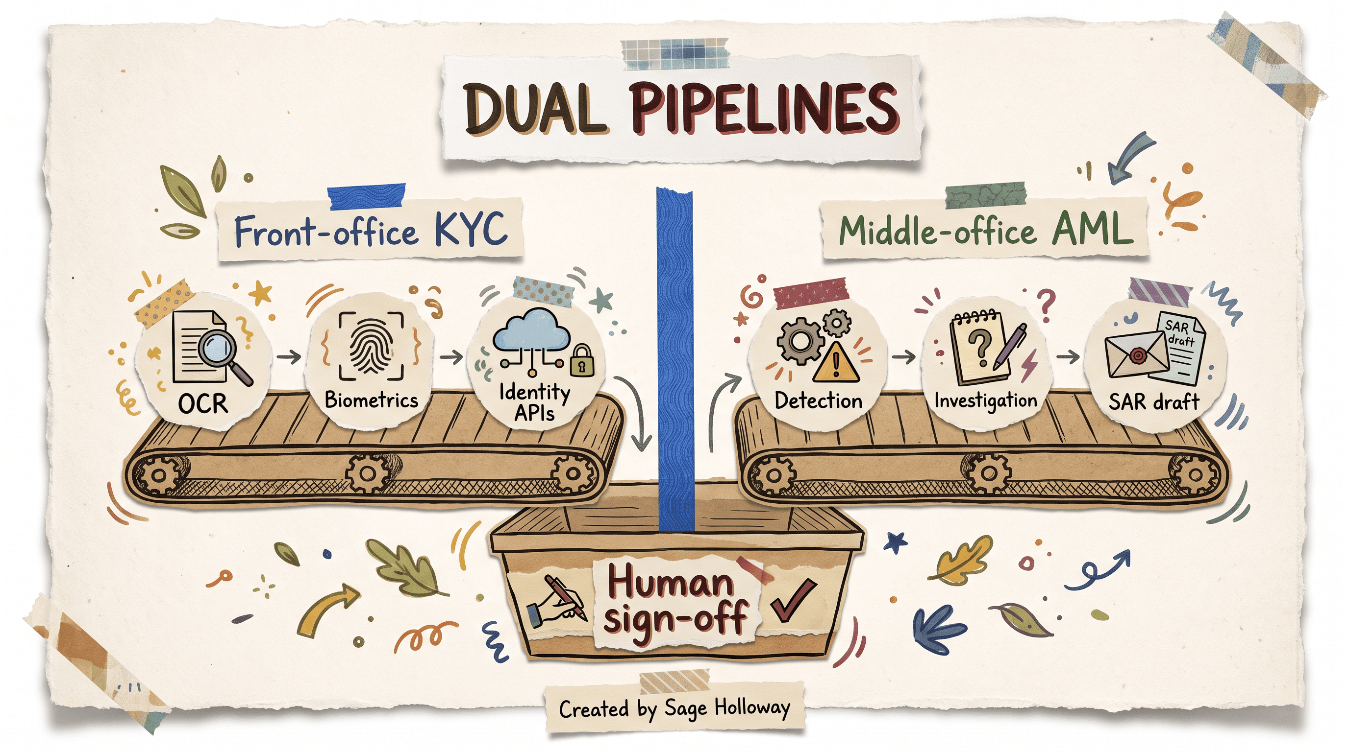 Scrapbook diagram of separate front-office KYC and middle-office AML agent pipelines
