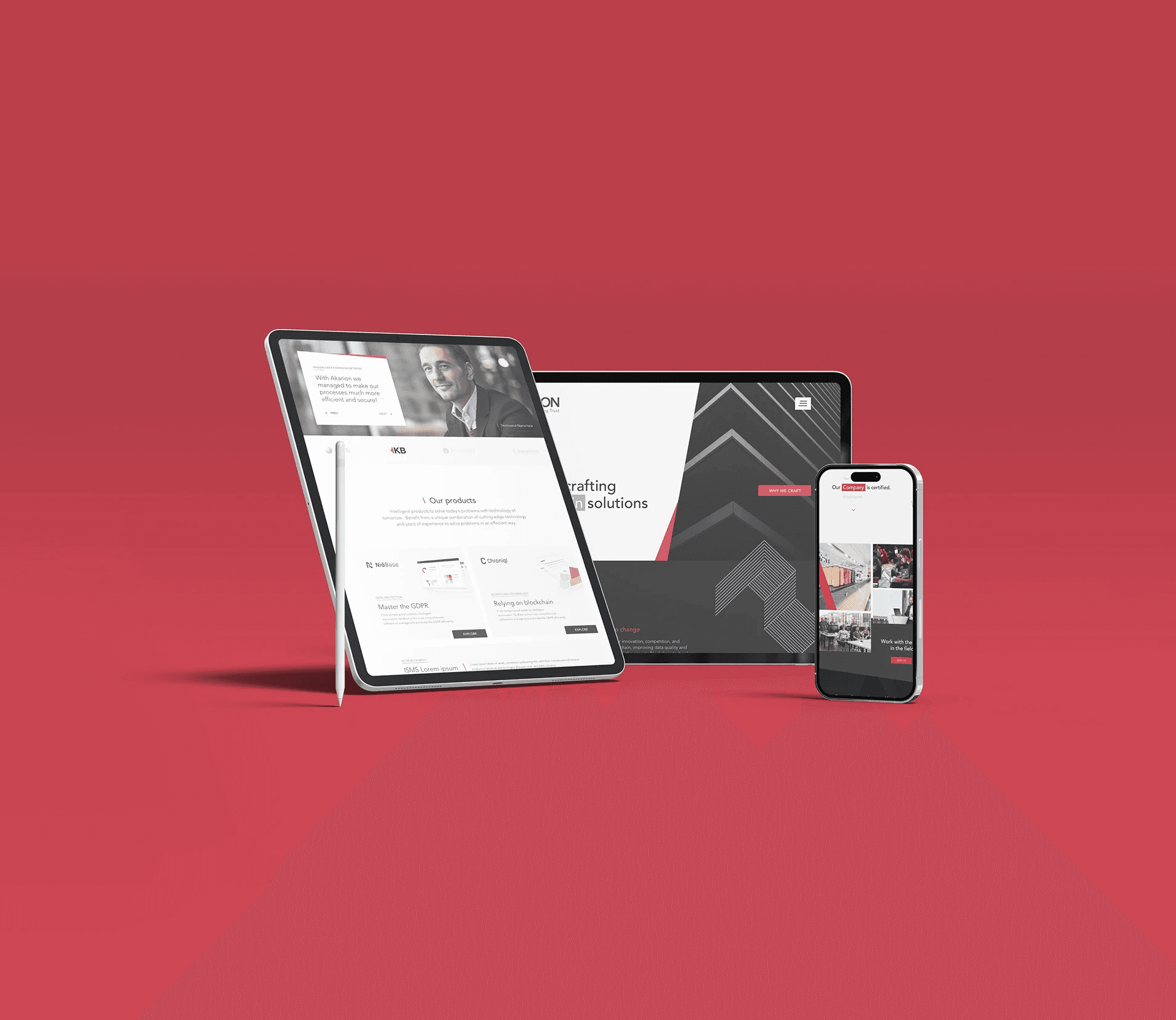 Composition of brand graphics on red background.