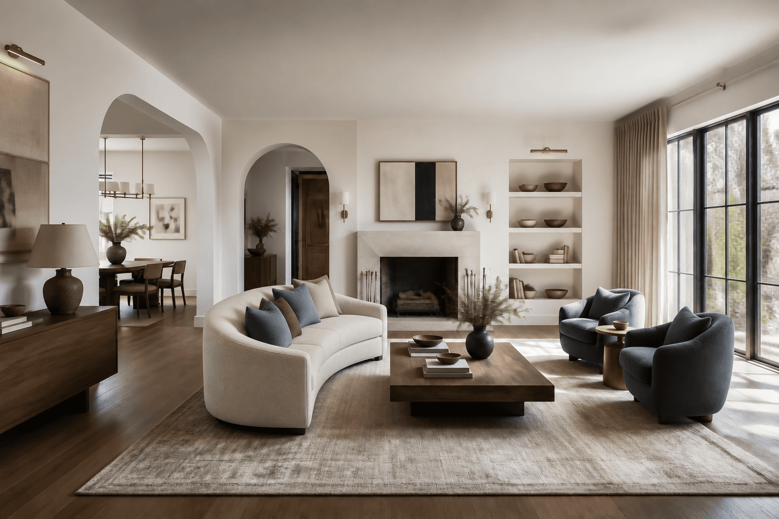 Modern luxury living room with curved white sofa, blue accent chairs, stone fireplace, wood coffee table, built-in shelves, and large black-framed windows in a bright neutral interior.