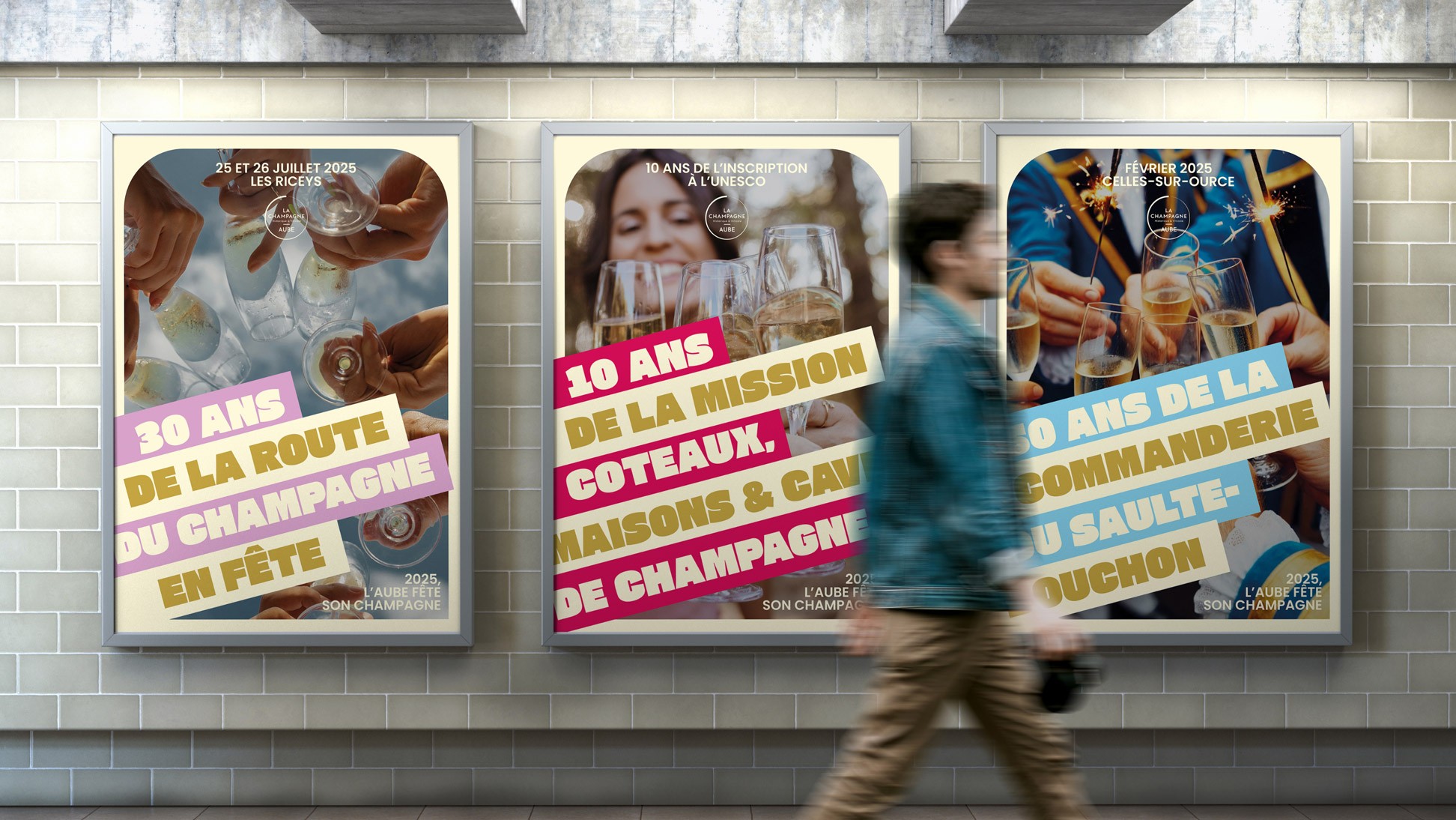 Affiches publicitaires verticales urbaines., 10 ans de la route du champagne en fête. 10 ans de la mission coteaux, maisons & caves de champagne.