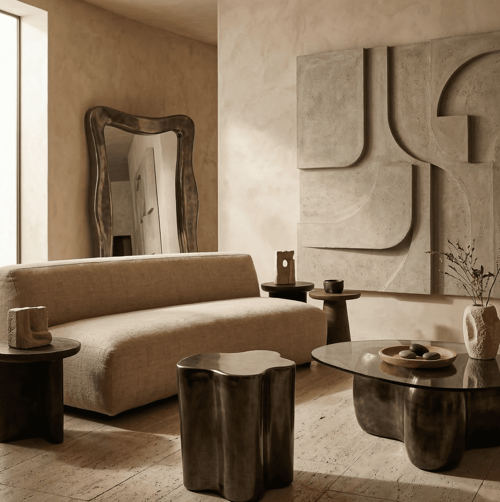 Dark brown wooden façade with detailed grain texture and layered vertical geometry.