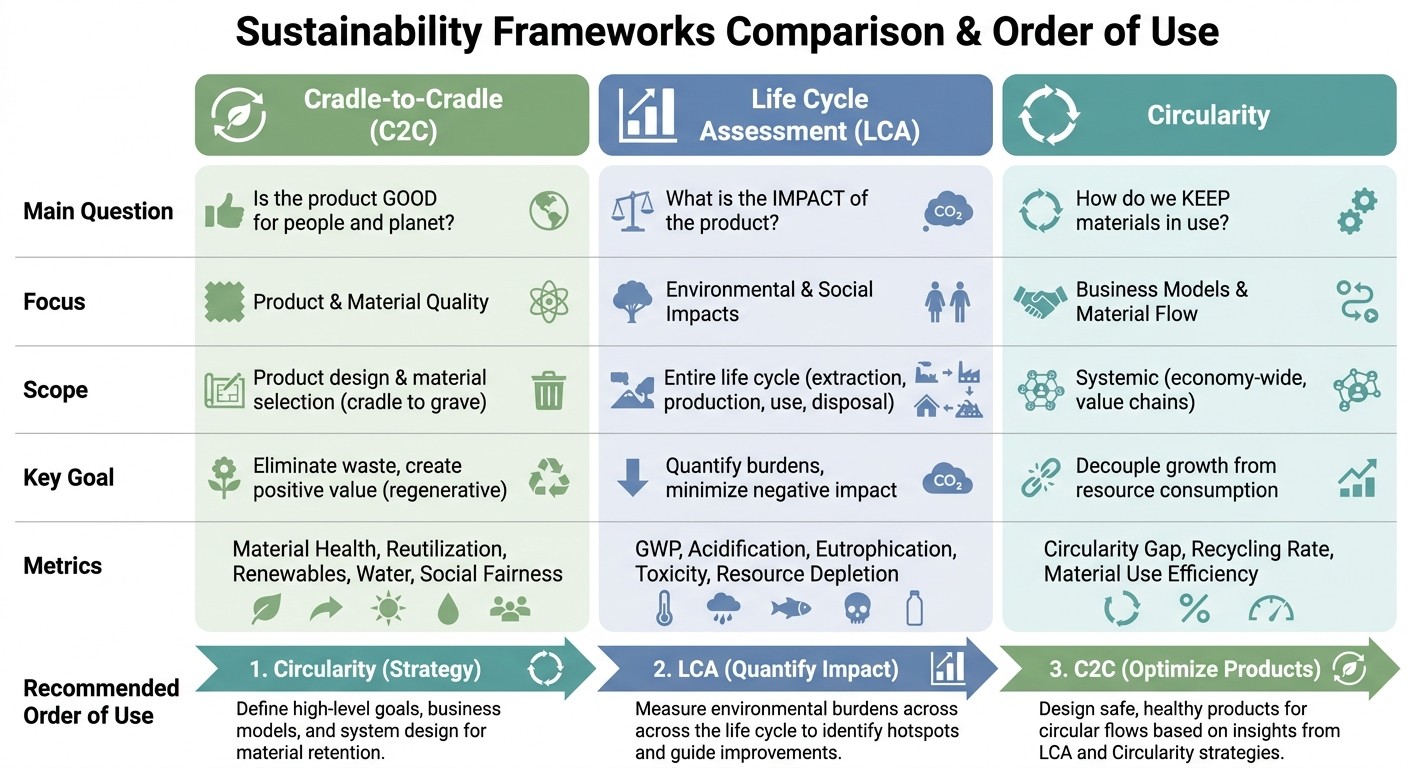 C2C vs LCA vs Circularity: 3-Framework Decision Guide