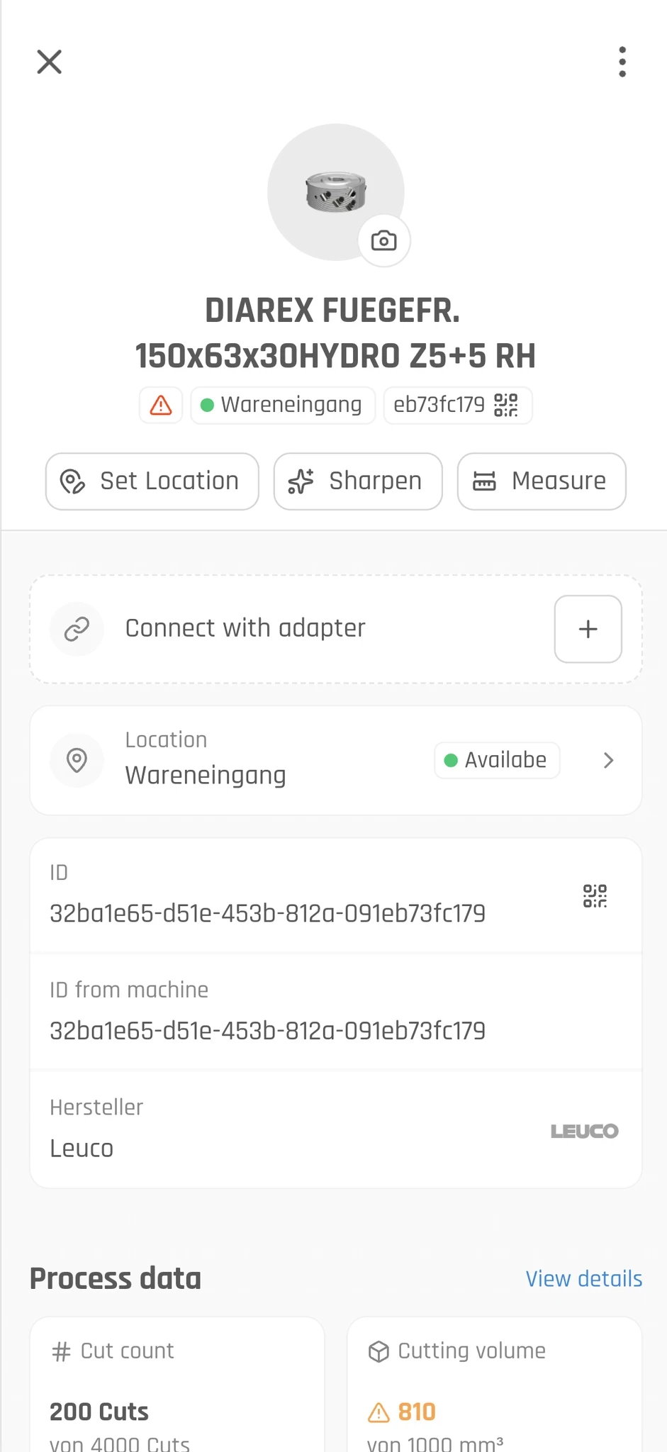 twinio Werkzeugdetailansicht mit Standort, Hersteller, ID und Prozessdaten.