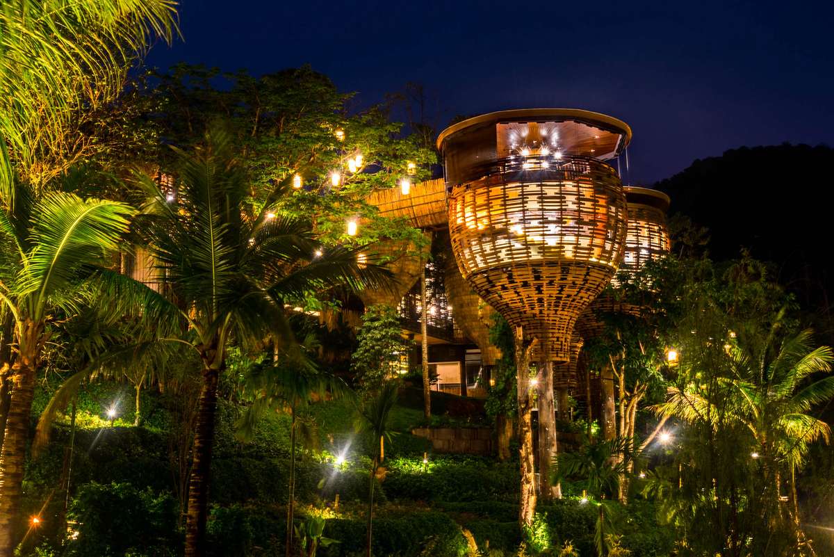 A modern wooden treehouse structure with glass walls and a connecting bridge glows with warm interior lights at dusk among palm trees.