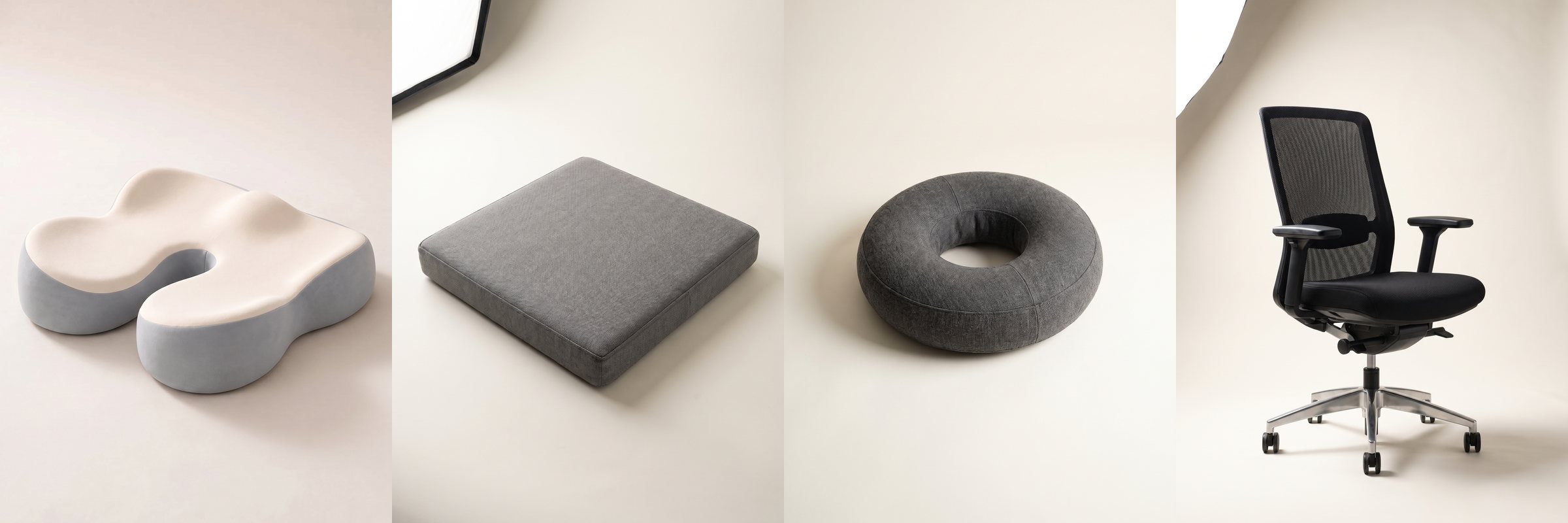From left: an open-channel seat cushion, a flat chair pad, a donut ring cushion and a new office chair.