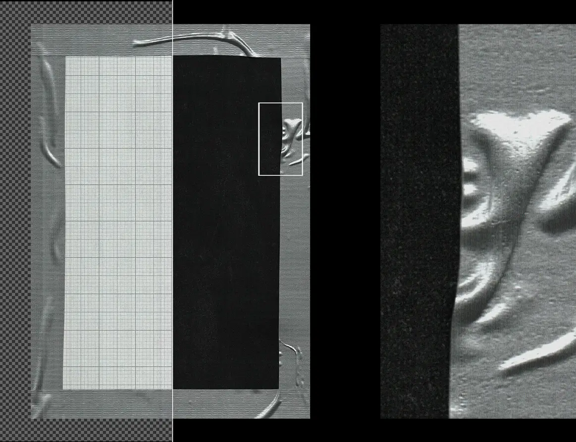 Raw taped poster mockup close up showing scan lines texture and surface details