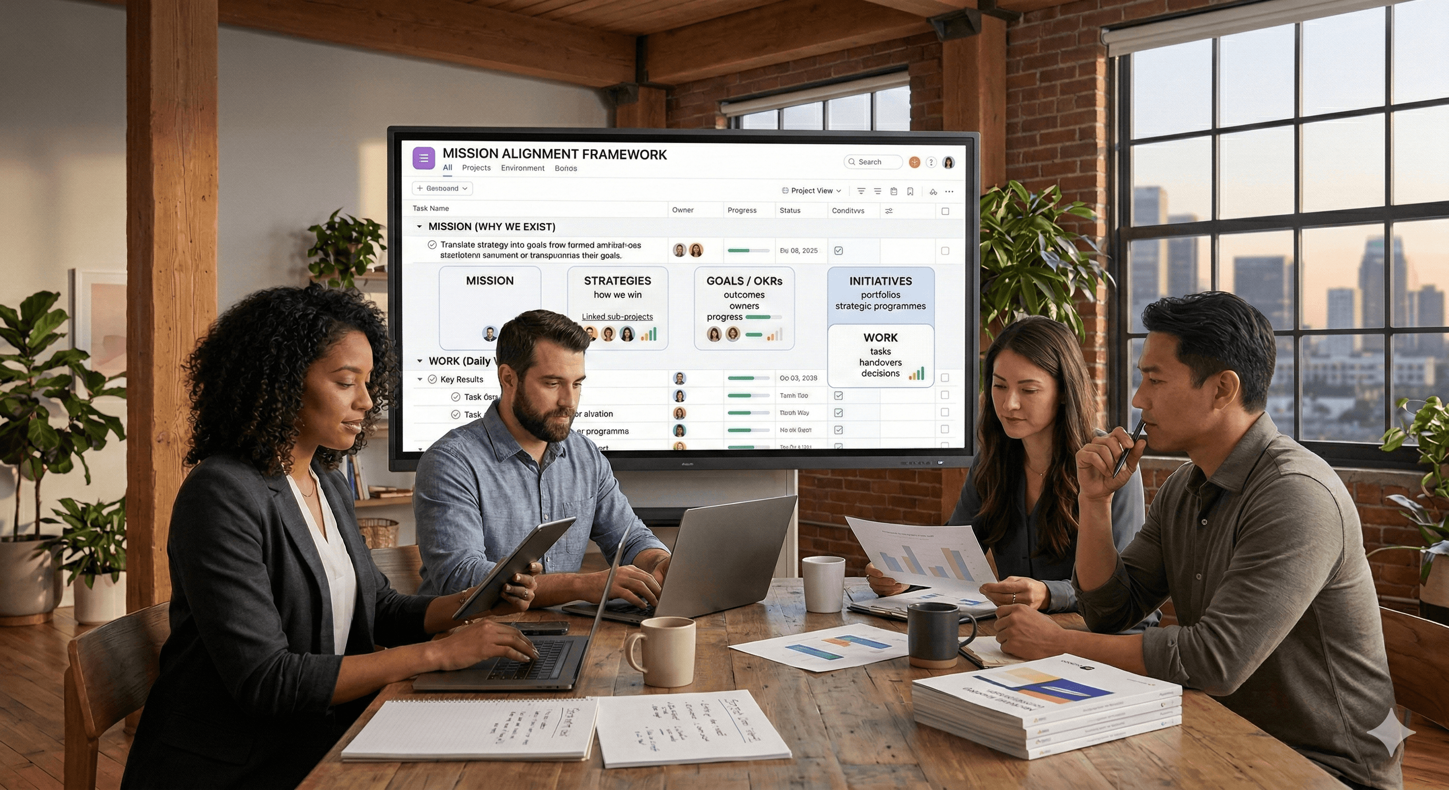 Four people collaborate around a wooden table in a modern office with a large screen displaying an "Asana: Align Teamwork to Your Organisation’s Mission" framework, featuring organized tasks and charts, with cityscape visible through the windows.