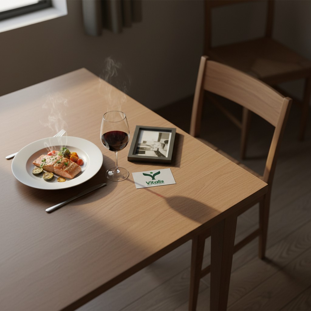 Mesa servida para uno con silla vacía y tarjeta de Centro Vitalis.