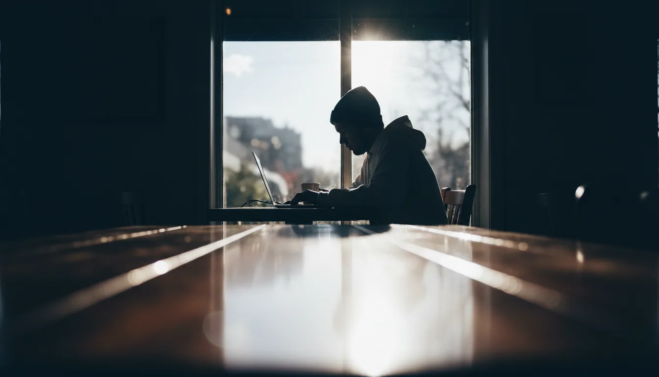 DSLR photograph of a person's silhouette, wearing a beanie and hoodie, working on a laptop next to a large, bright window in a cafe. The shot is taken at eye-level from across a glossy table, creating a heavily blurred foreground with abstract reflections. Cinematic contrast lighting with the subject backlit by strong natural daylight, resulting in deep, blue-tinted shadows and overexposed highlights. Extreme shallow depth of field creates a strong bokeh effect in both the foreground and the background seen through the window. Moody and contemplative atmosphere.