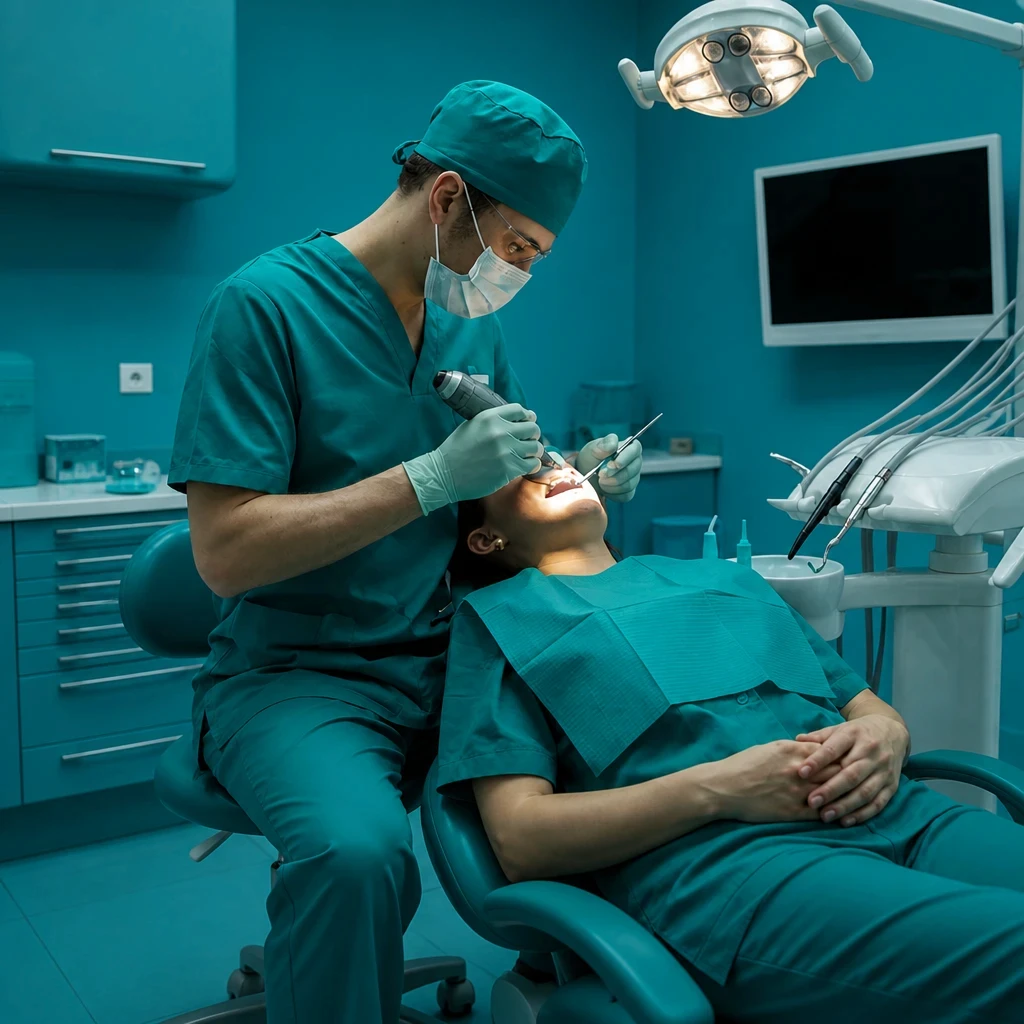 Dentist in surgical green scrubs performing a dental operation on a patient.