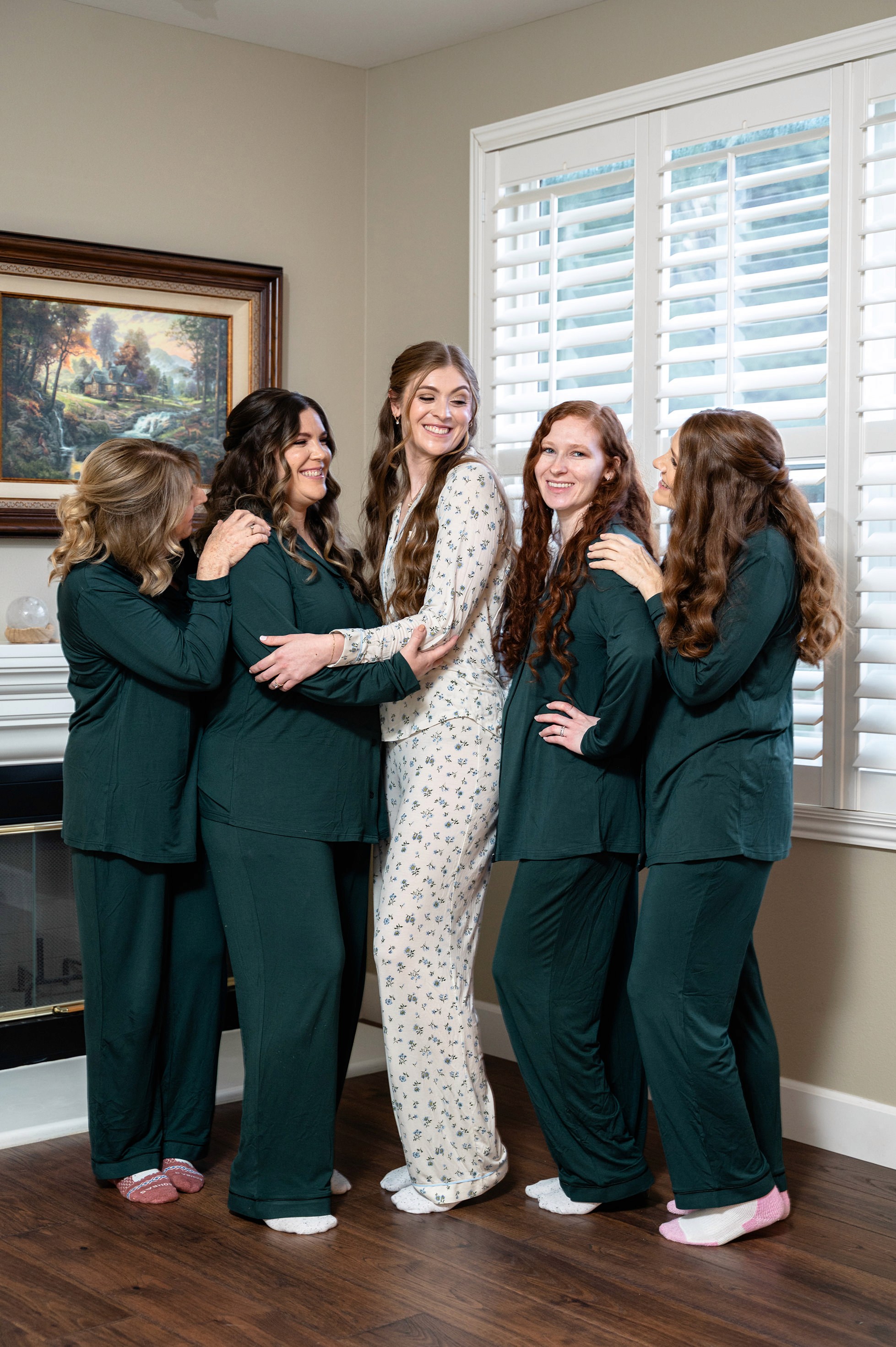 Flat lay wedding details with bouquet, rings, and sparkling bridal heels