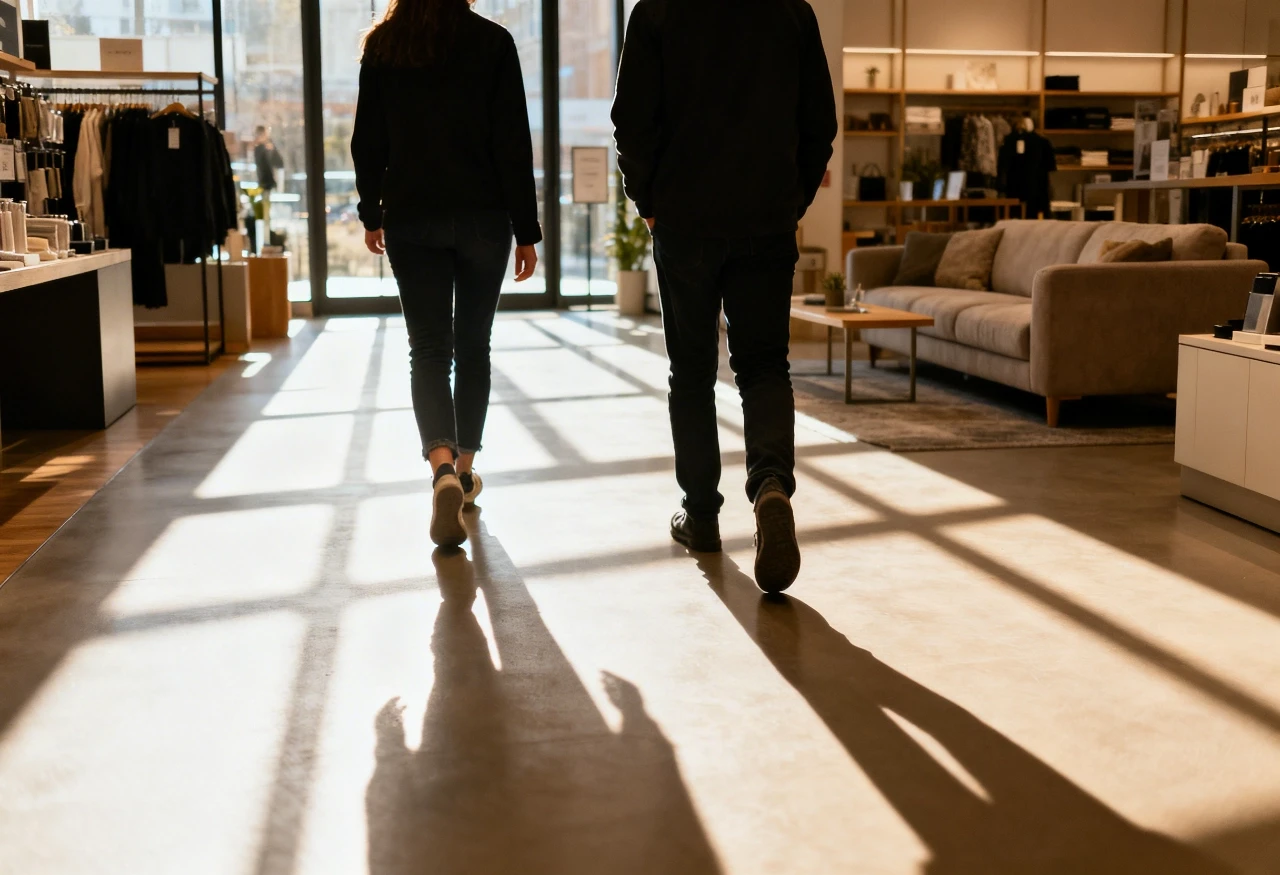 Two people walk side-by-side in a sunlit, modern retail store with neatly arranged clothing racks and a seating area.