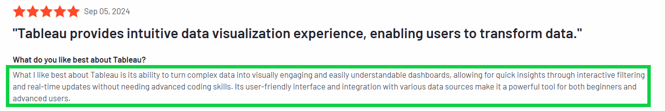Tableau user review describing intuitive data visualization and interactive dashboards