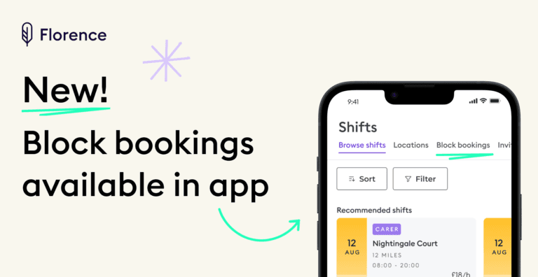 A Florence app promotional graphic on a light background showing the block bookings feature in the Shifts screen, with the text "New! Block bookings available in app"