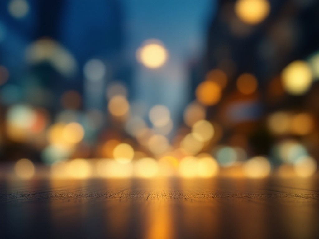 Blurry city lights at night reflecting on a wooden surface