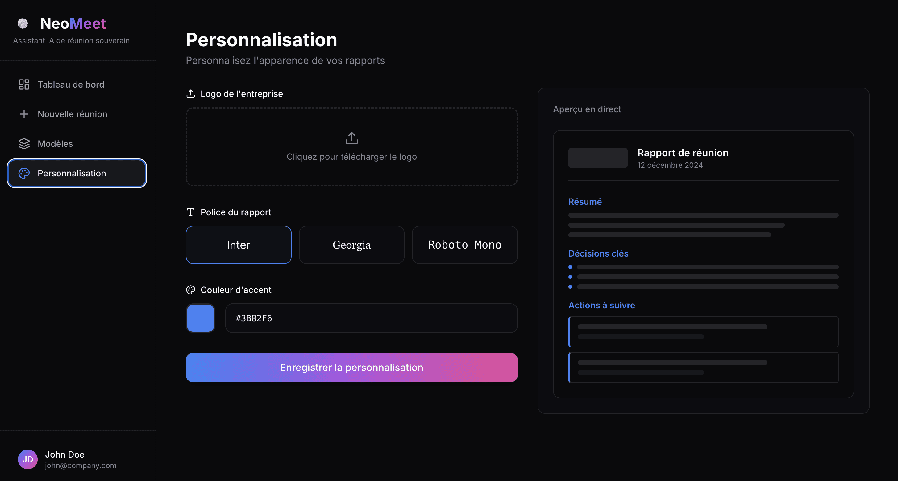 Capture d'écran du dashboard de NeoMeet