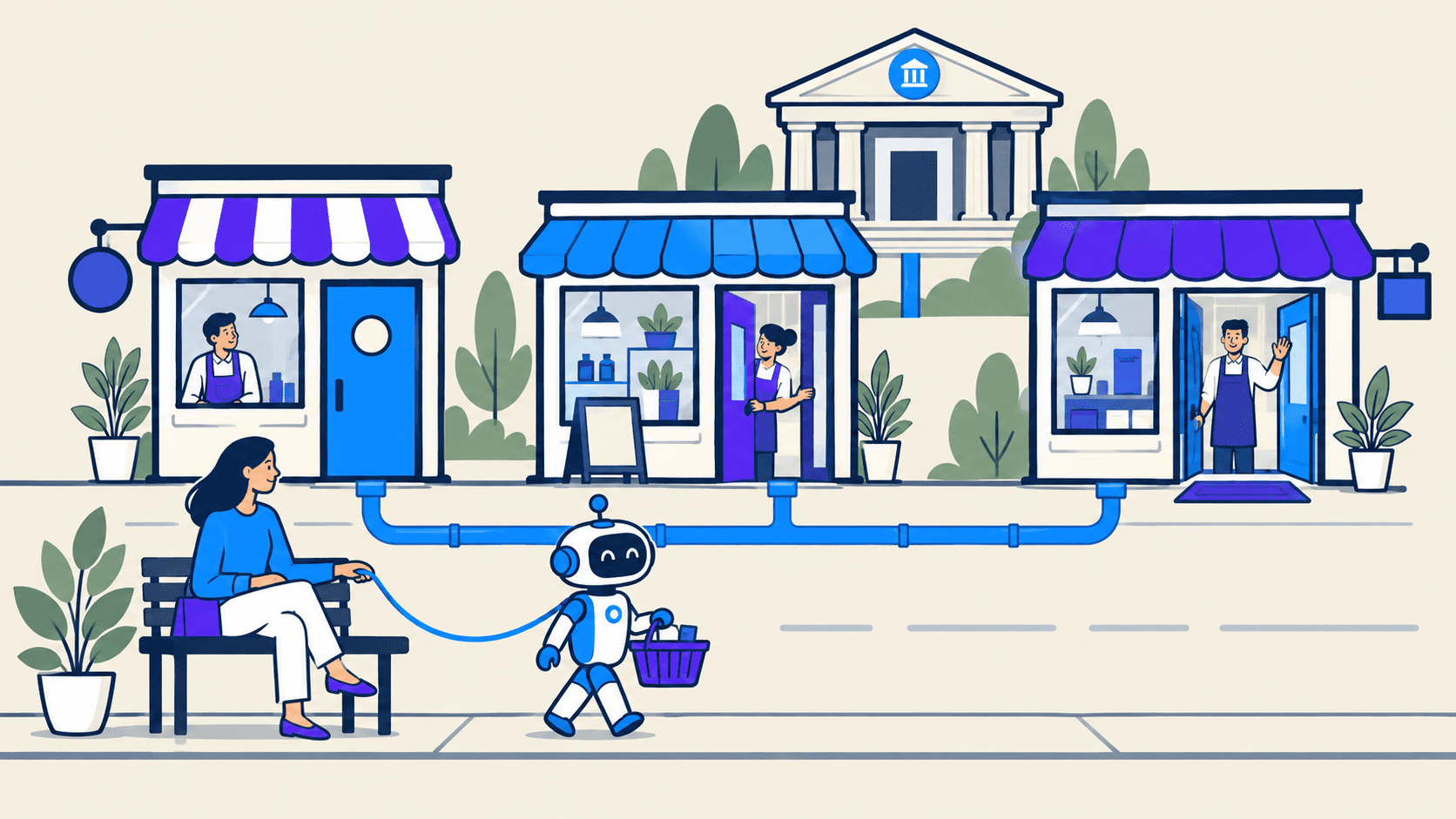 Ein kleiner Roboter mit Einkaufskorb vor drei Läden mit geschlossener, halb offener und weit offener Tür; eine Kundin auf einer Bank hält ihn an einer blauen Leine, im Hintergrund eine Bank mit Säulen
