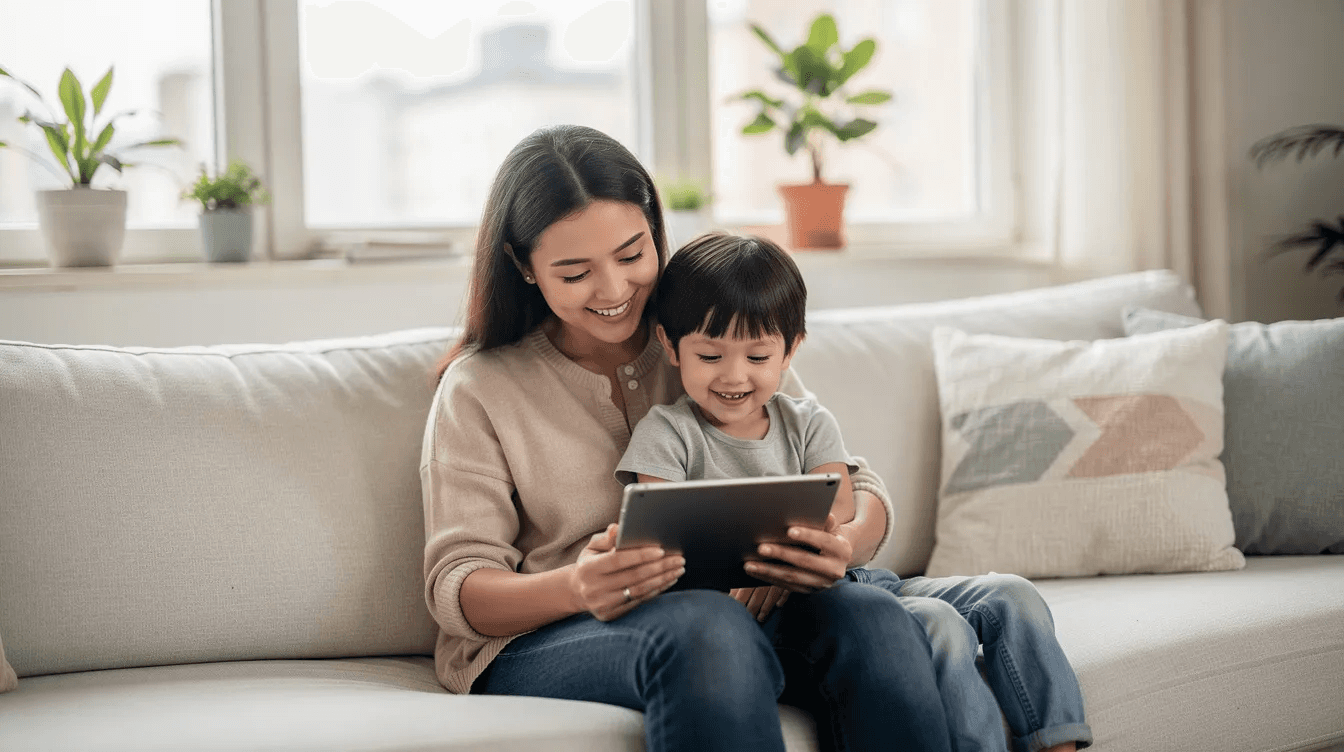 A parent and child are sitting together in a bright living room, smiling as they look at a tablet device, possibly exploring dance class options or engaging with dance studio management software. The warm atmosphere reflects a moment of connection and joy, highlighting the importance of parent communication in a dance school setting.