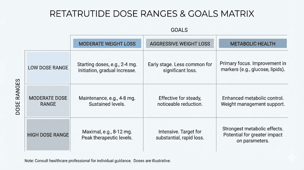 Retatrutide dosing by goal showing recommended dose ranges for different outcomes