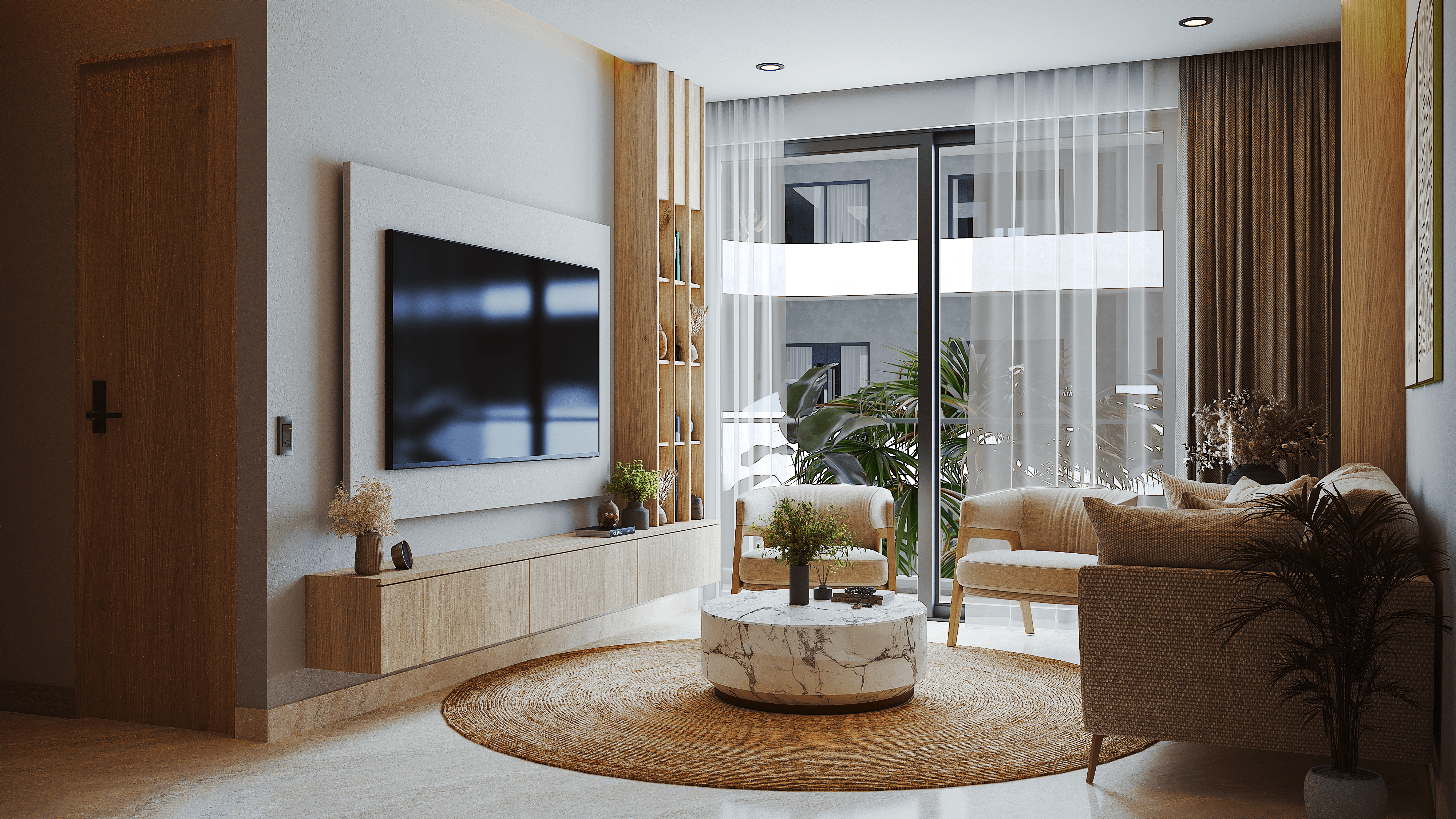 DHAMAR living room interior with natural wood and stone finishes