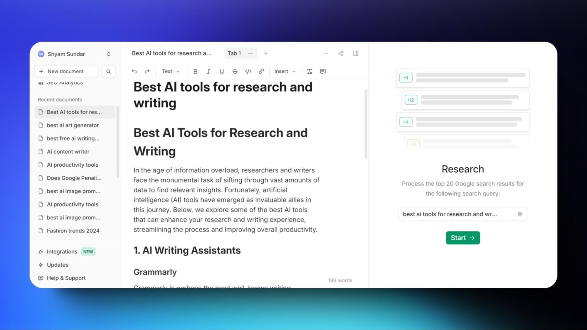 Snapshot of Frase.io's interface displaying an article titled "Best AI Tools for Research and Writing," showcasing AI tools for research and writing enhancement.