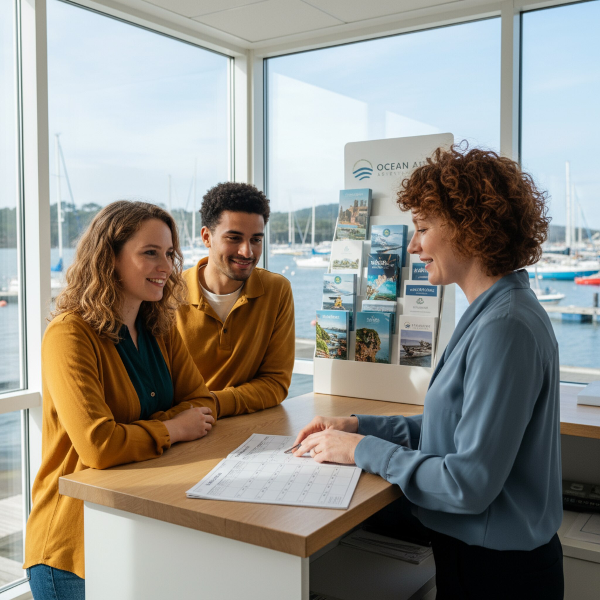 Ein kleines Tourismusbüro mit Broschürenständer, eine Mitarbeiterin berät ein Paar. Draußen ist der Hafen durch große Fenster sichtbar. Ein Kalender liegt offen auf dem Tresen. Die Atmosphäre ist freundlich, klar strukturiert und unaufgeregt.