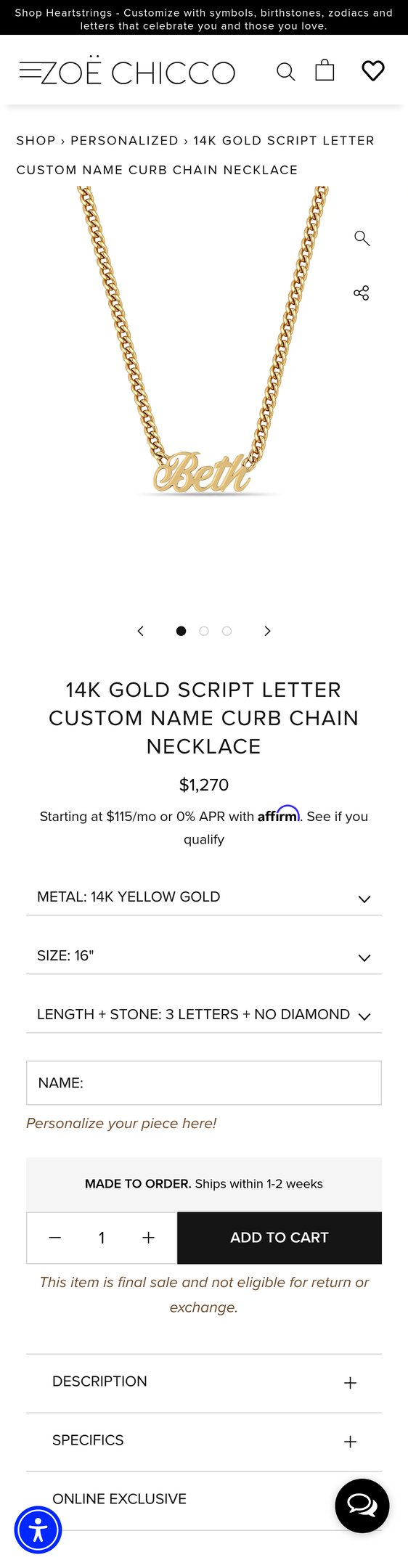 Jewelry product options include: necklace, chain for 14k Gold Script Letter Custom Name Curb Chain Necklace from ZOË CHICCO.