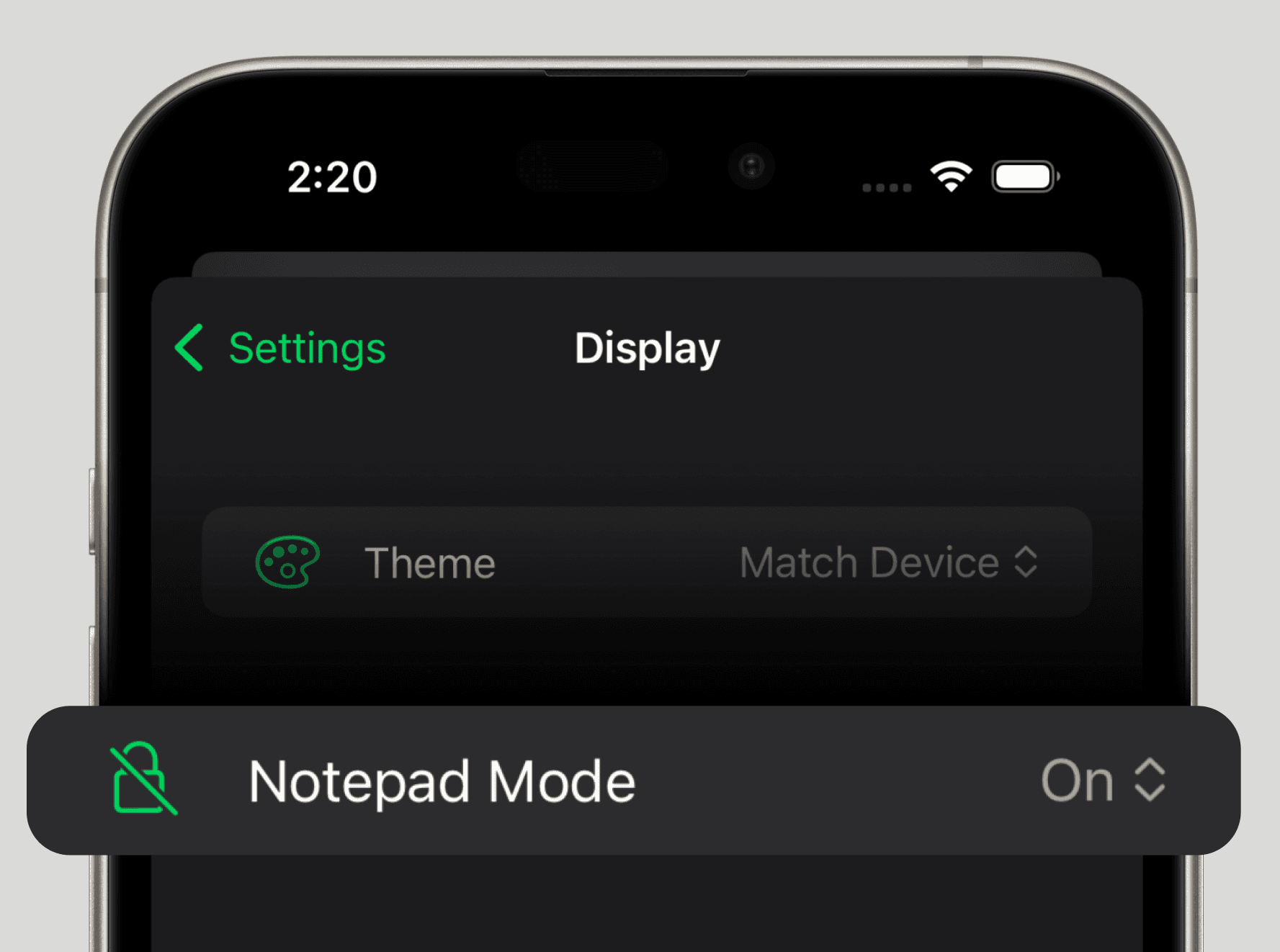 A smartphone screen displaying a settings menu in the Setgraph workout tracking app. The top section reads "Settings" and "Display," with a toggle option for "Notepad Mode" in focus. The mode is currently set to "On," indicated by the text on the right. A small green icon with a crossed-out lock symbol accompanies the feature's name, suggesting it relates to note-taking or display customization. The clean interface is minimalistic, with clear navigation.