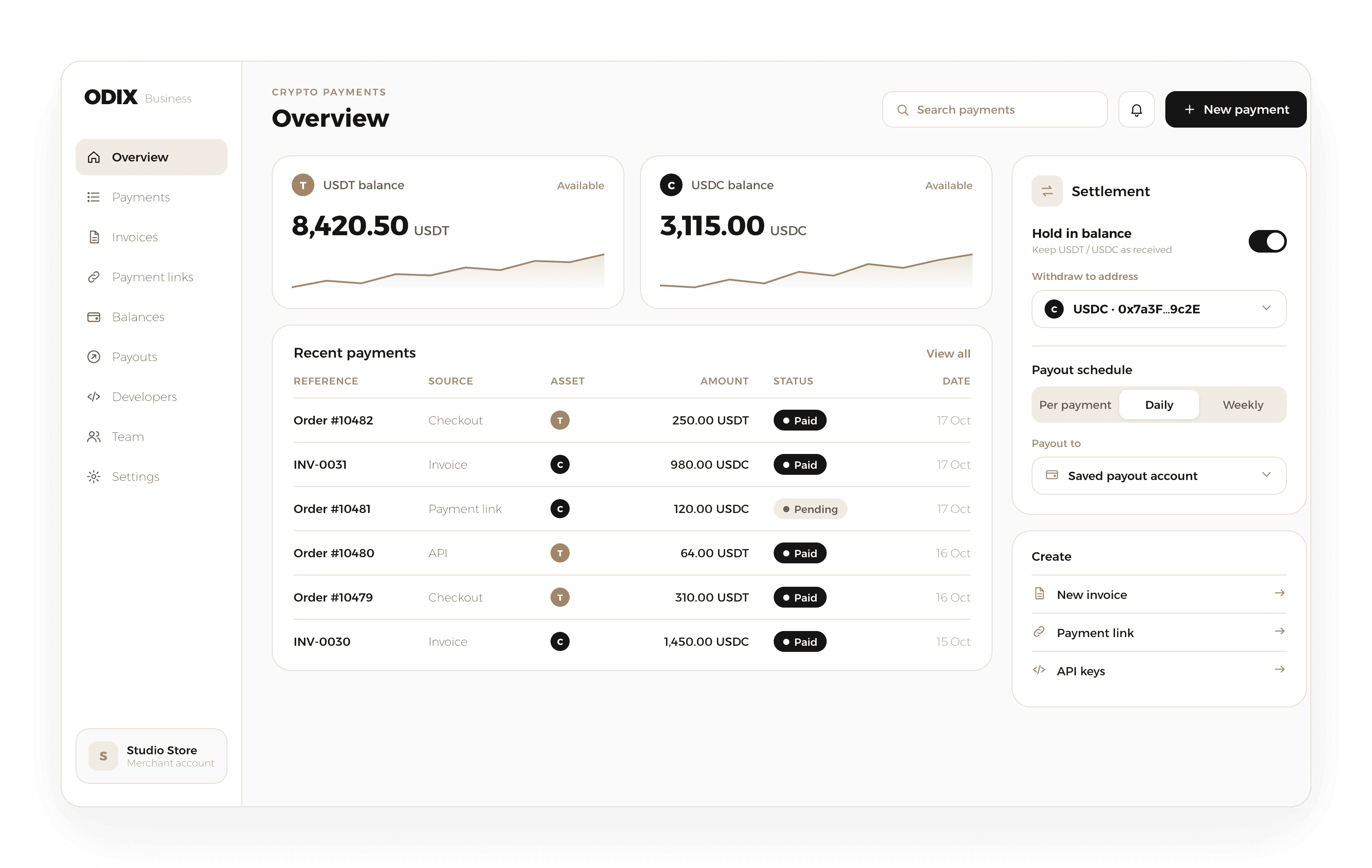 لوحة تحكم التاجر في Odix مع الأرصدة والدفعات الأخيرة وإعدادات التسوية