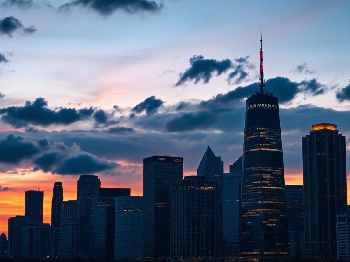 City skyline at twilight with illuminated skyscrapers.