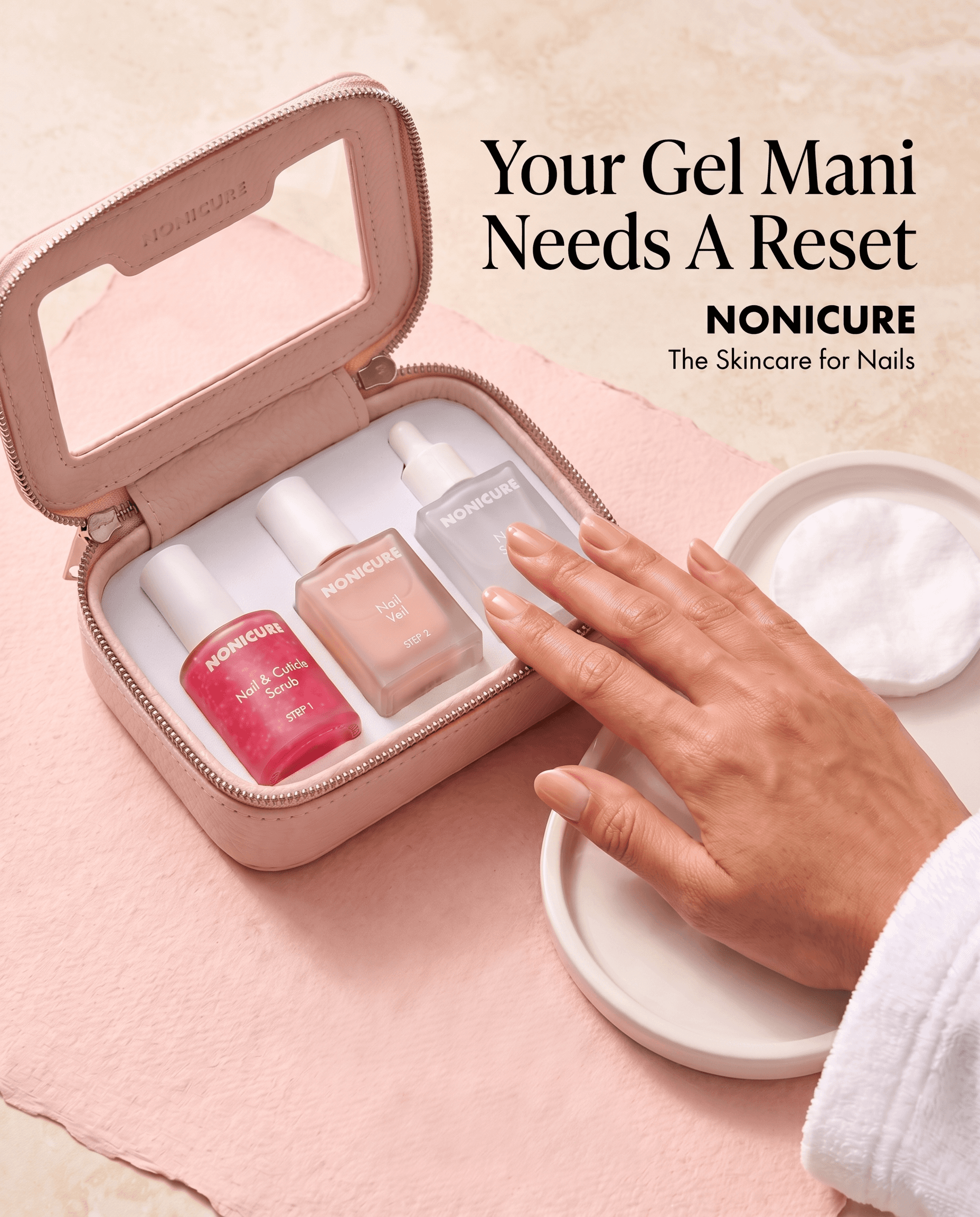 Nonicure three-step nail reset system beside a natural manicure
