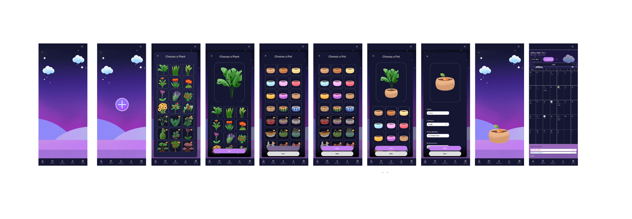 Full dark mode version of the Growth App showing plant collection, customisation and navigation screens.