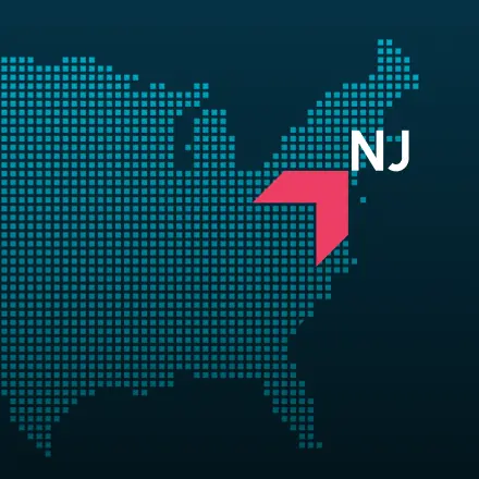 Map highlighting New Jersey with a red arrow, representing GIA Group, LLC truck insurance coverage area.